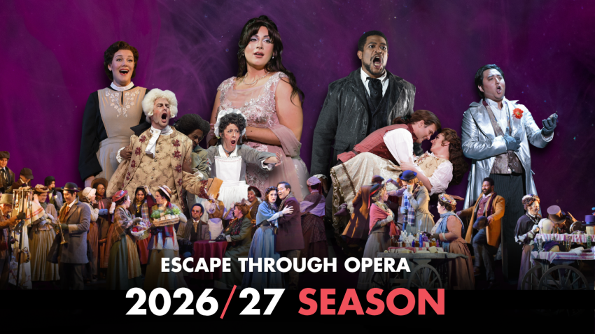 A collage of opera singers from various Arizona Opera productions with the words "Escape through Opera - 2026/27 Season" overlayed