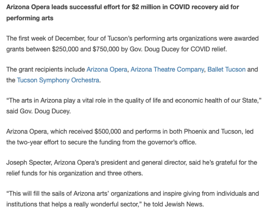 Arizona Opera leads successful effort for $2 million in COVID recovery aid for performing arts - Community Briefs