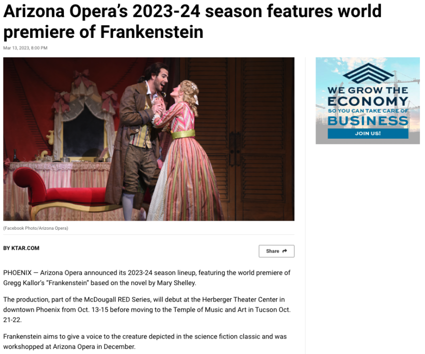 Arizona Opera’s 2023/24 Season Features World Premiere of Frankenstein