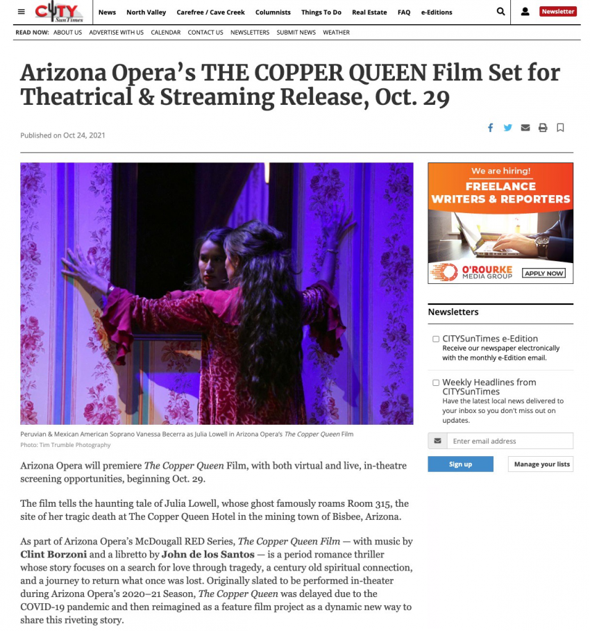 Arizona Opera’s THE COPPER QUEEN Film Set for Theatrical & Streaming Release, Oct. 29