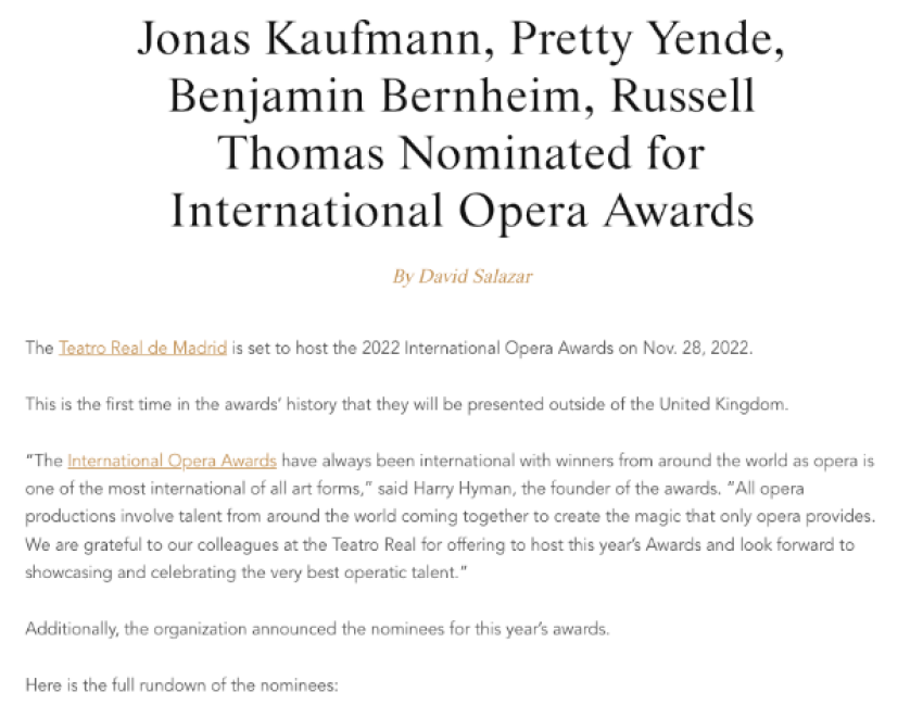 THE COPPER QUEEN FILM: Jonas Kaufmann, Pretty Yende, Benjamin Bernheim, Russell Thomas Nominated for International Opera Awards