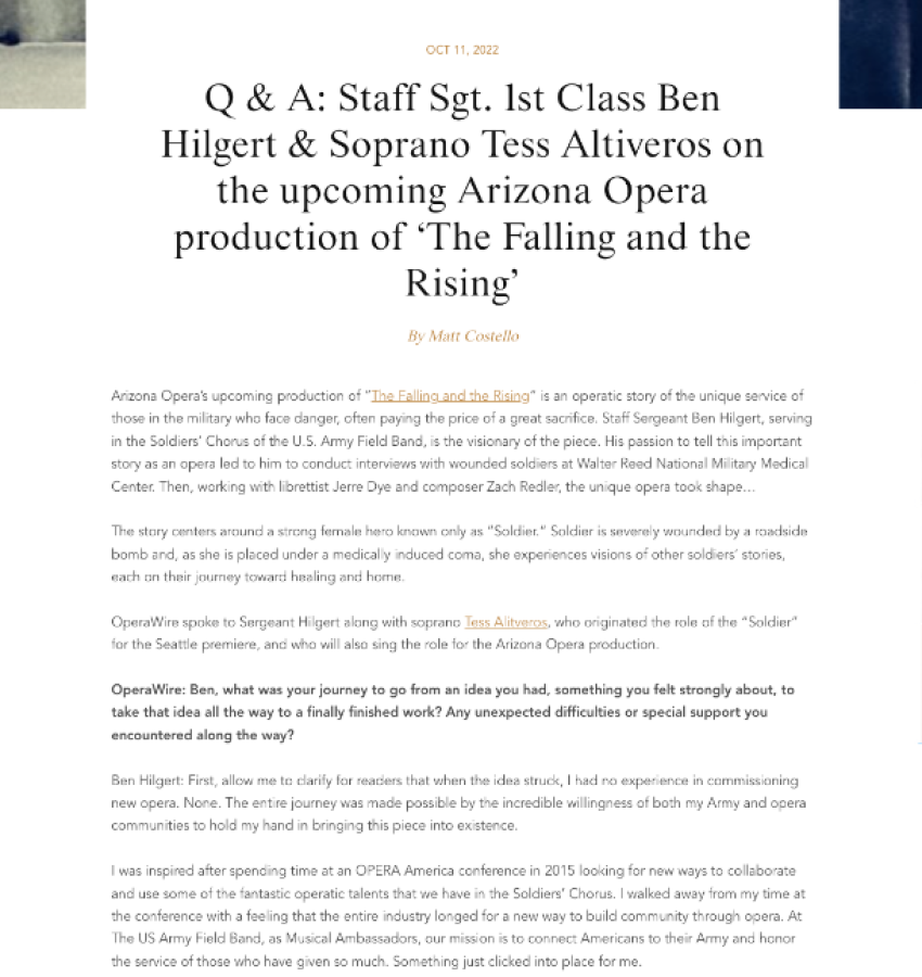 Q & A: Staff Sgt. 1st Class Ben Hilgert & Soprano Tess Altiveros on the upcoming Arizona Opera production of ‘The Falling and the Rising’