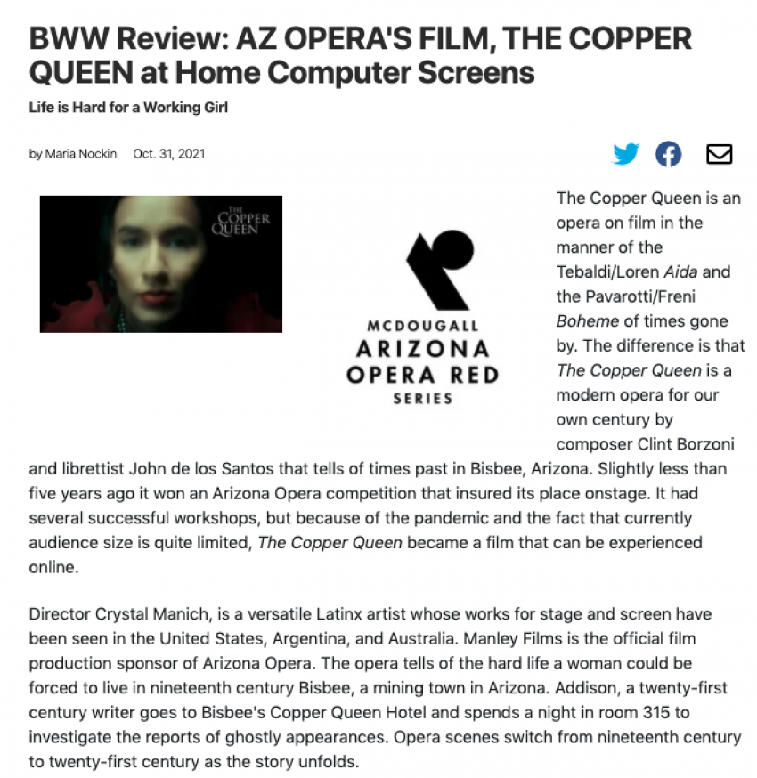 BWW Review: AZ OPERA'S FILM, THE COPPER QUEEN at Home Computer Screens