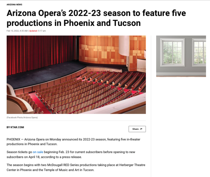 Arizona Opera’s 2022-23 season to feature five productions in Phoenix and Tucson
