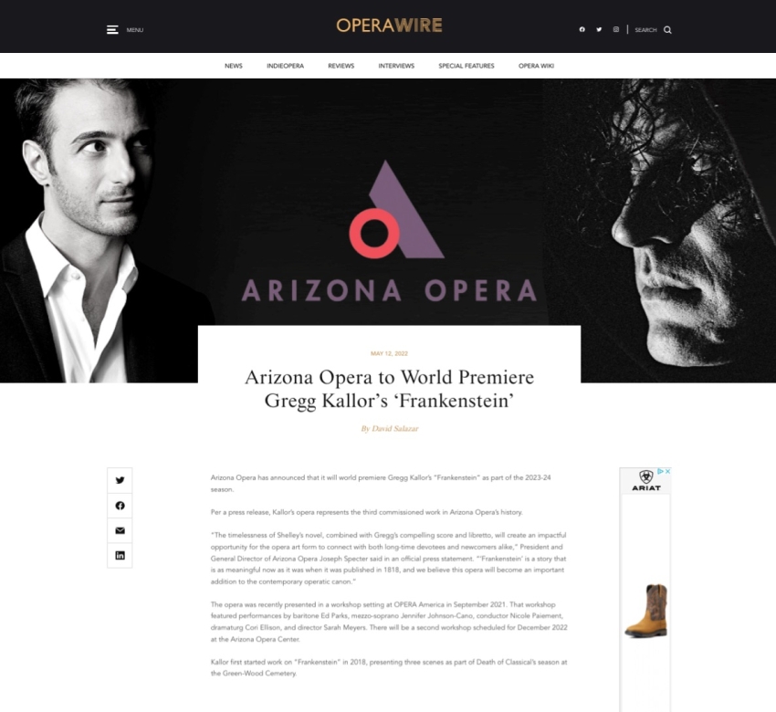 Arizona Opera to World Premiere Gregg Kallor’s ‘Frankenstein’