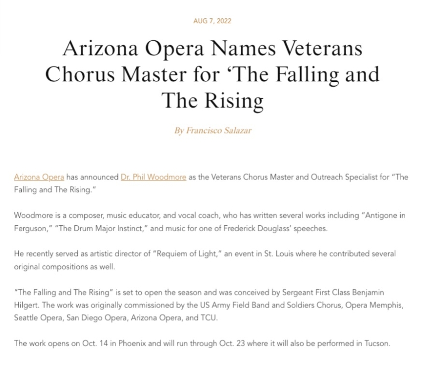 Arizona Opera Names Veterans Chorus Master for ‘The Falling and The Rising