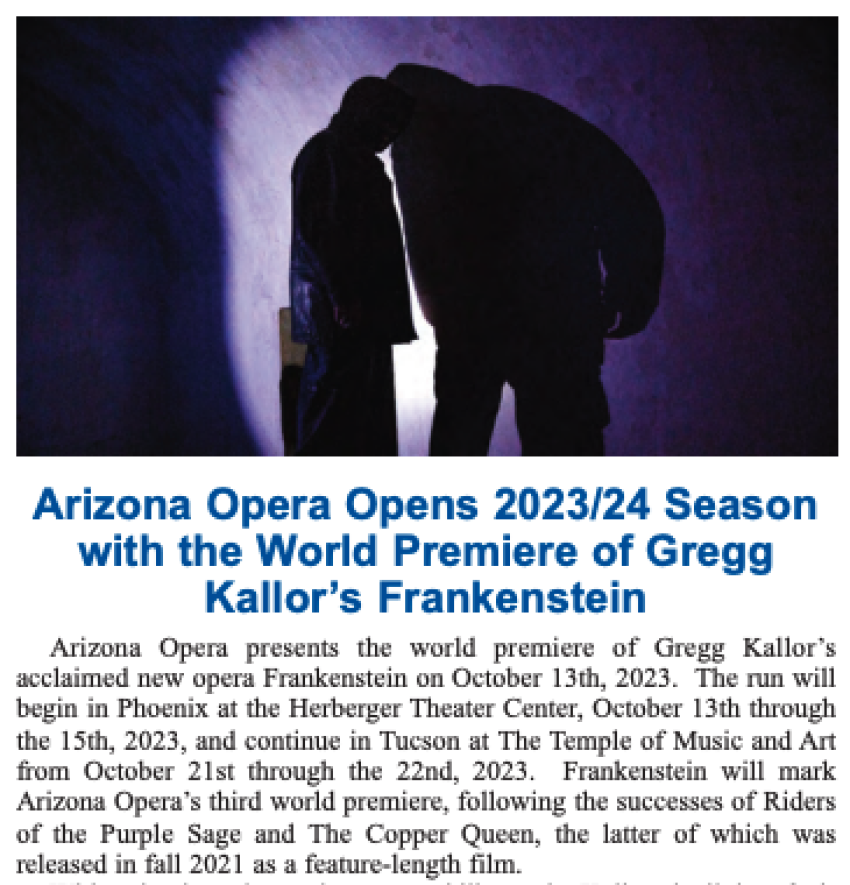 Arizona Opera Opens 2023/24 Season with the World Premiere of Gregg Kallor’s Frankenstein